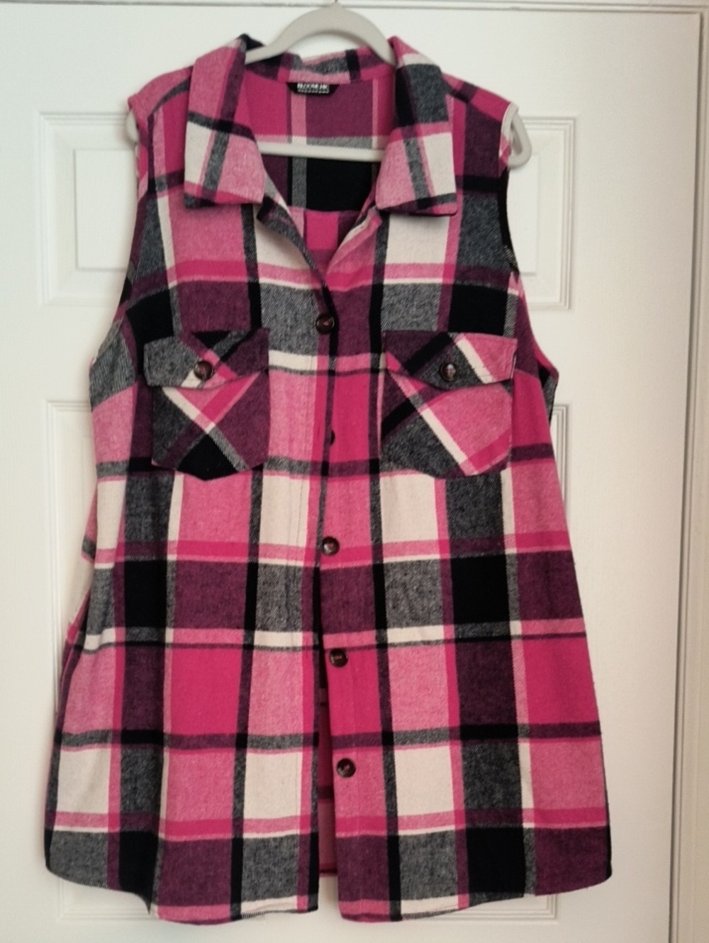 Pink Plaid Flannel Button-Up Vest